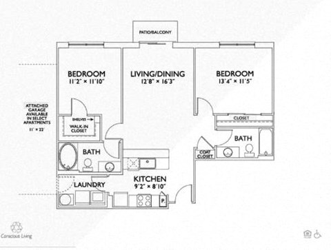 Floor plan for 2 beds, 2 baths, 1026 sqft